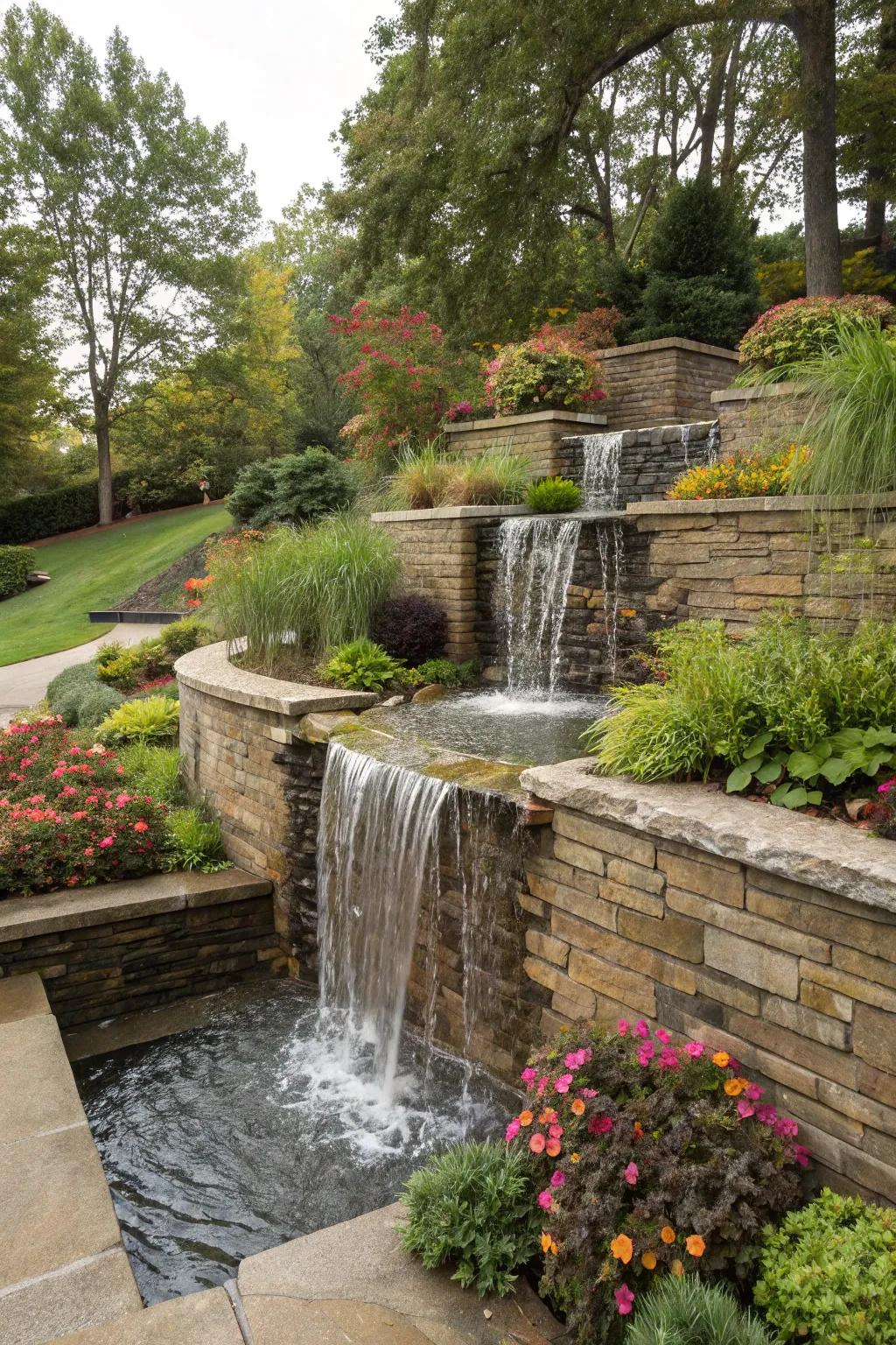 Tiered waterfalls create visual interest and soothing sound.