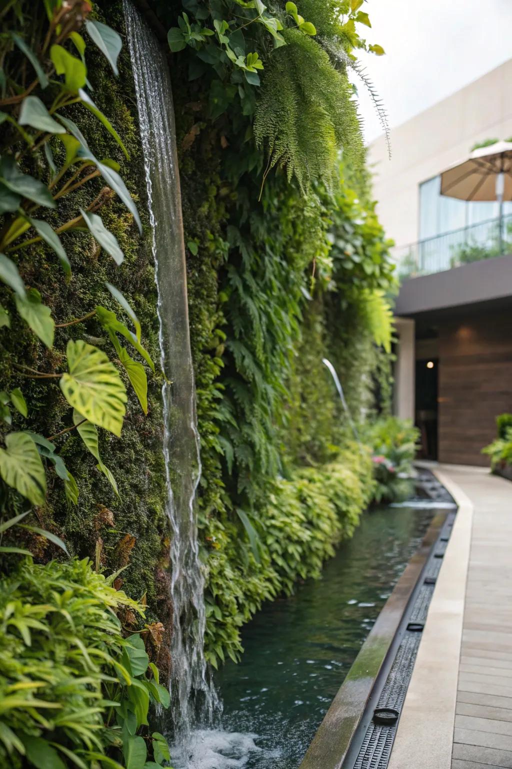Vertical gardens paired with waterfalls create lush, lively walls.