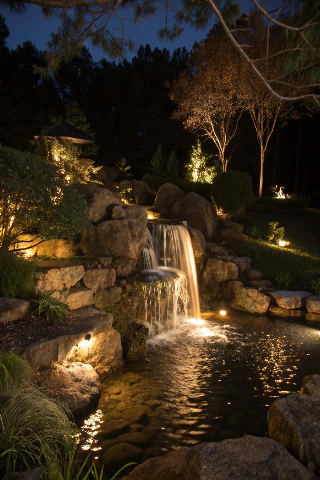 Strategic lighting turns waterfalls into night-time focal points.