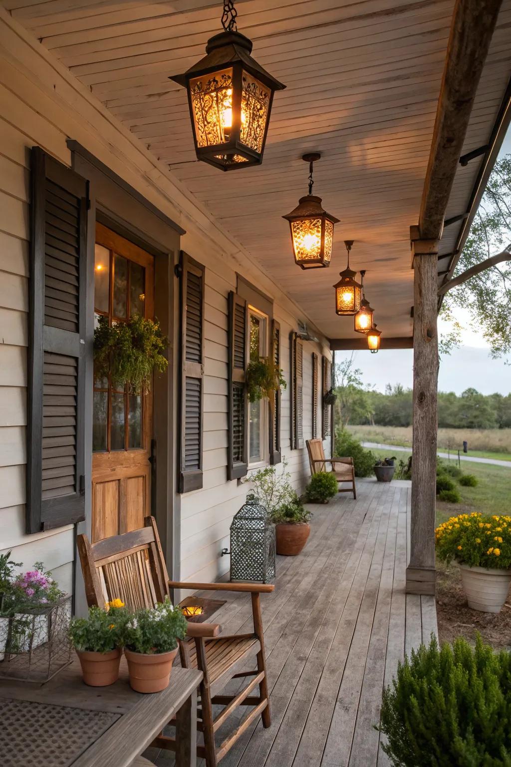 Rustic lanterns creating an enchanting evening atmosphere.