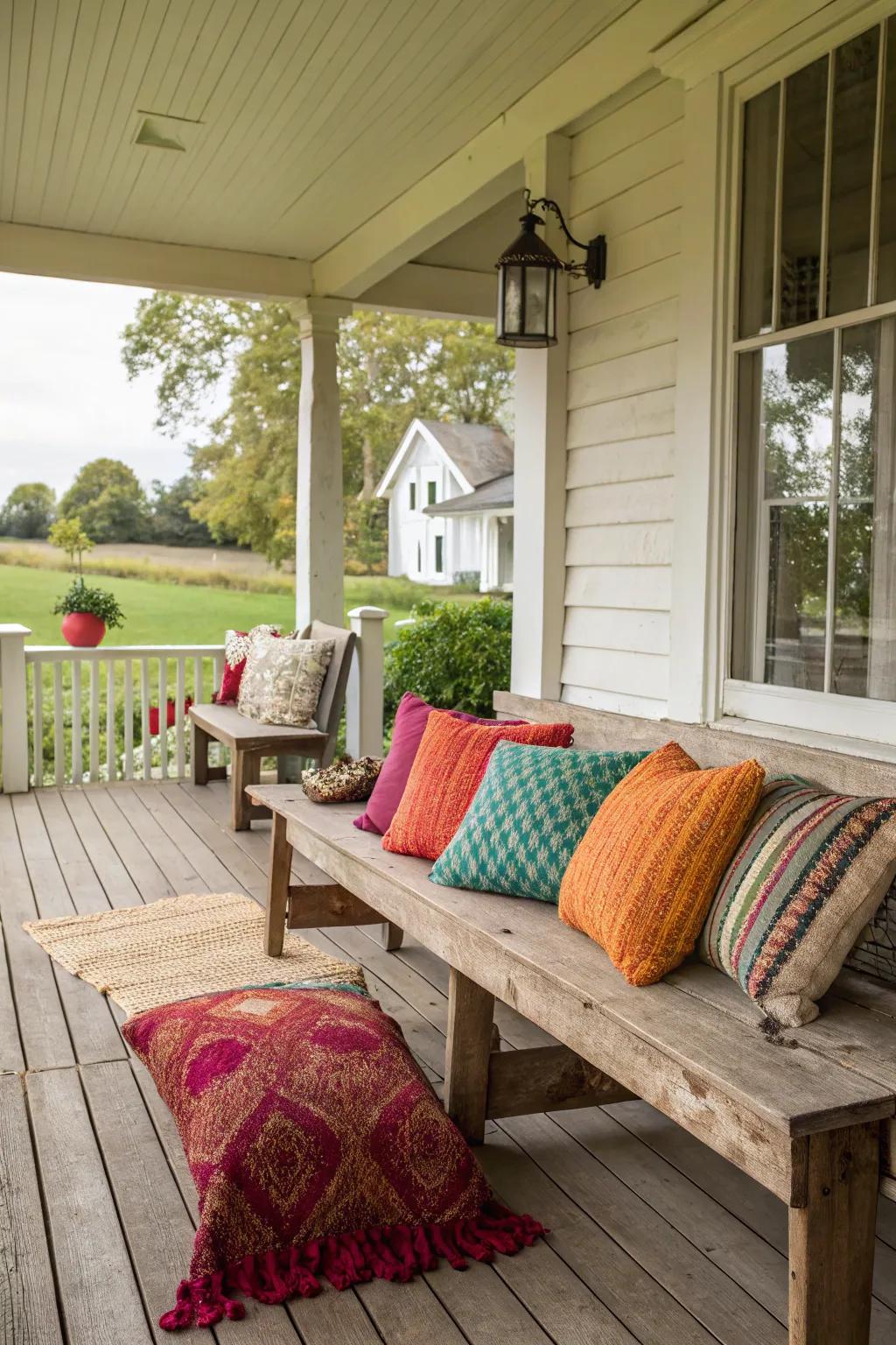 Textured throw pillows adding style and comfort to the porch.