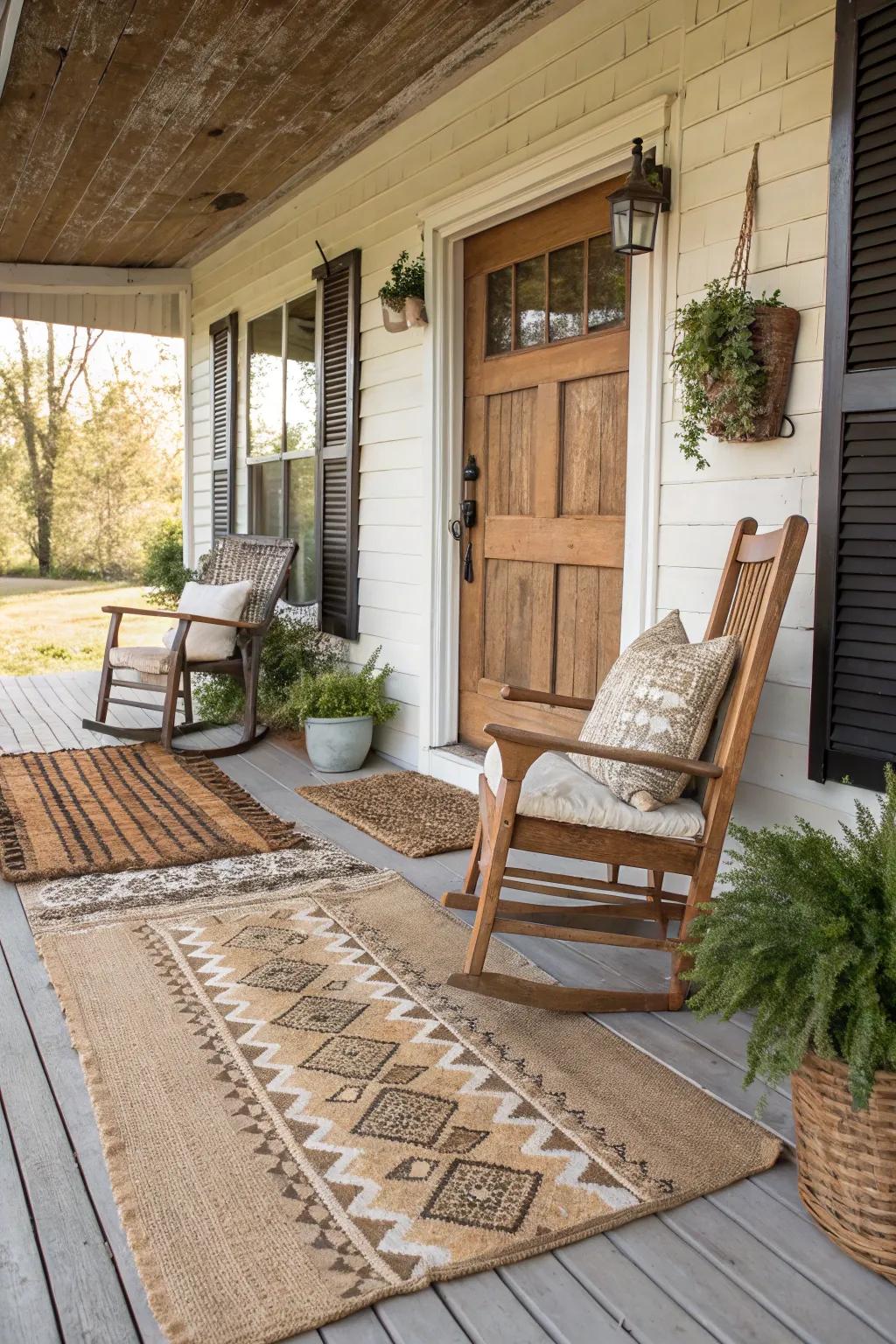 Layered rugs bringing texture and warmth to the porch.