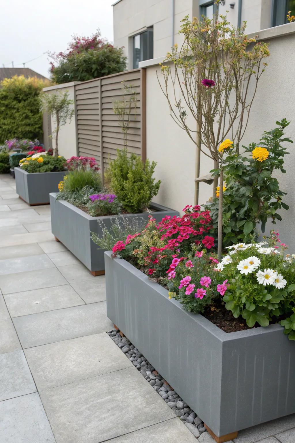 Raised planters frame the grey patio with blooming flowers.