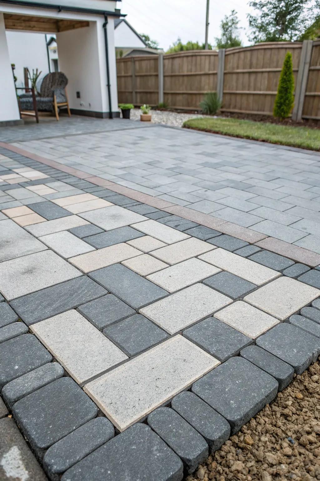 Two-tone paving creates a chic rug-like effect on the grey patio.
