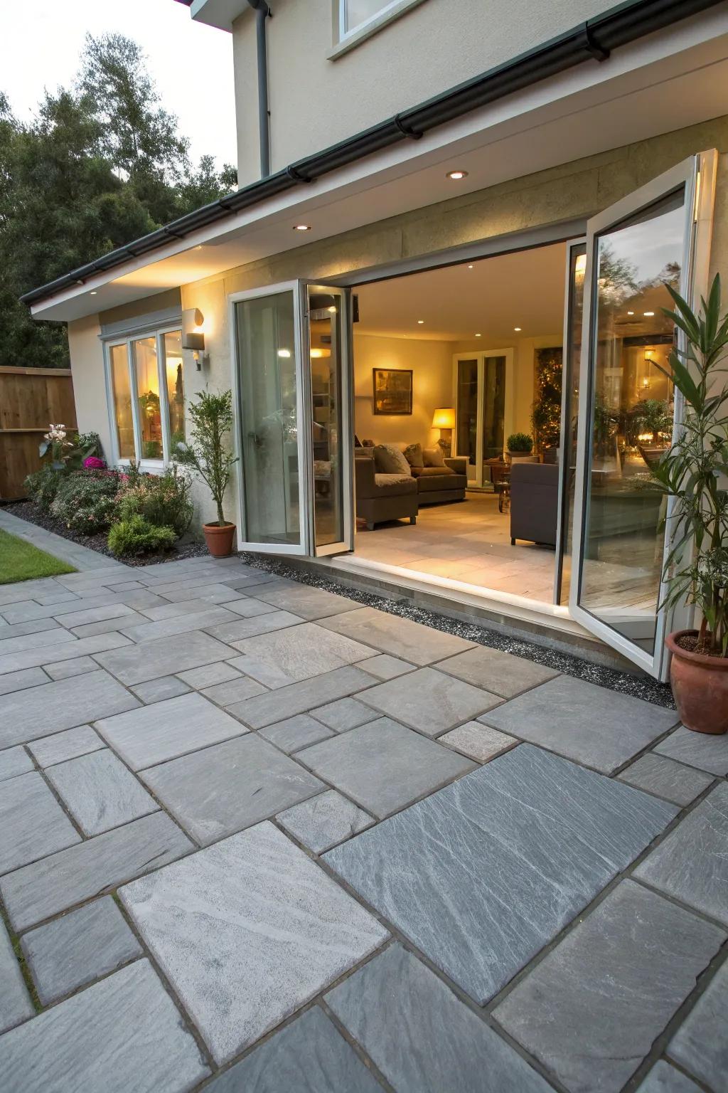 A grey patio seamlessly extends from the indoor living space.