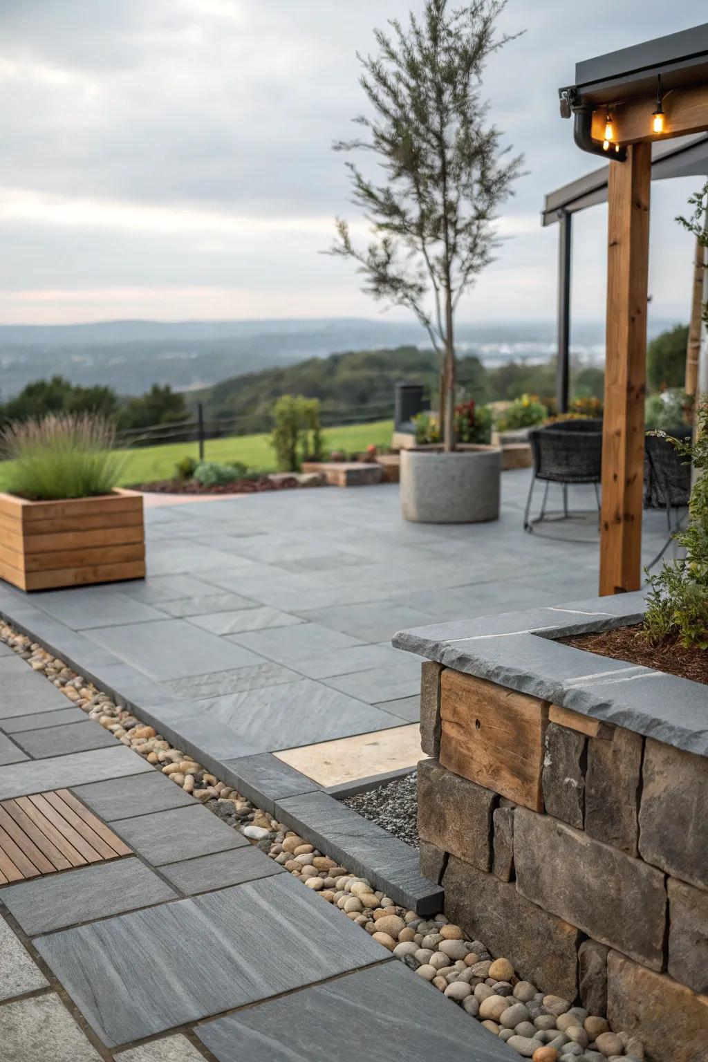 Mixed materials like wood, metal, and stone create an eclectic vibe on the grey patio.