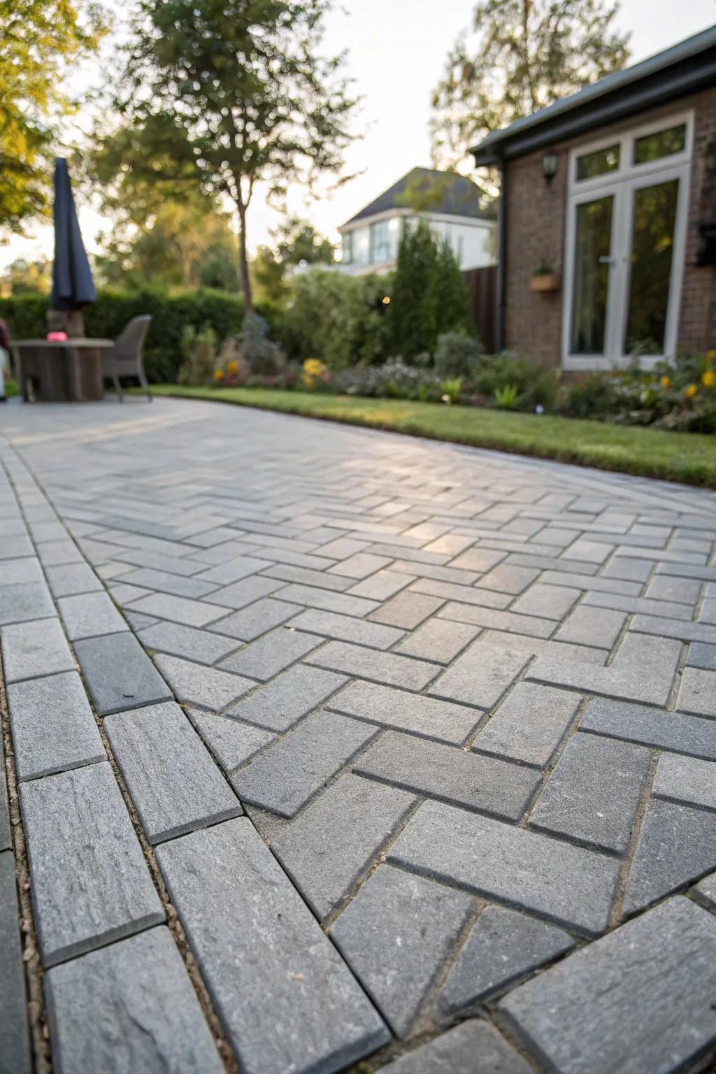 Herringbone patterned paving adds a dynamic touch to the grey patio.