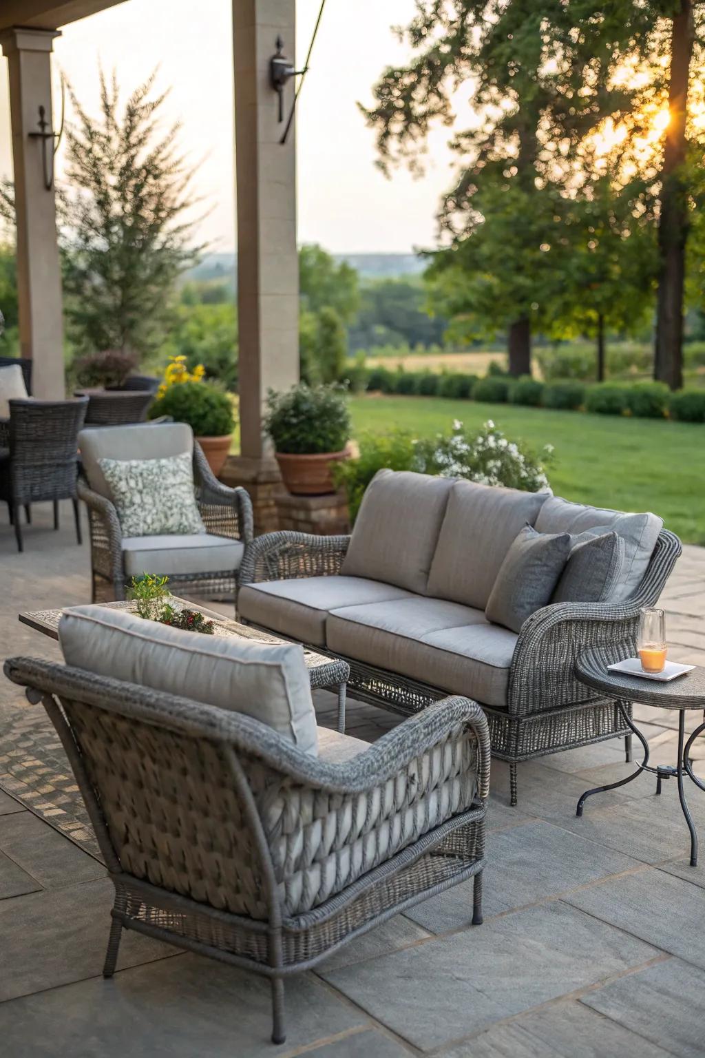 Cozy grey furniture creates an inviting seating area on the patio.