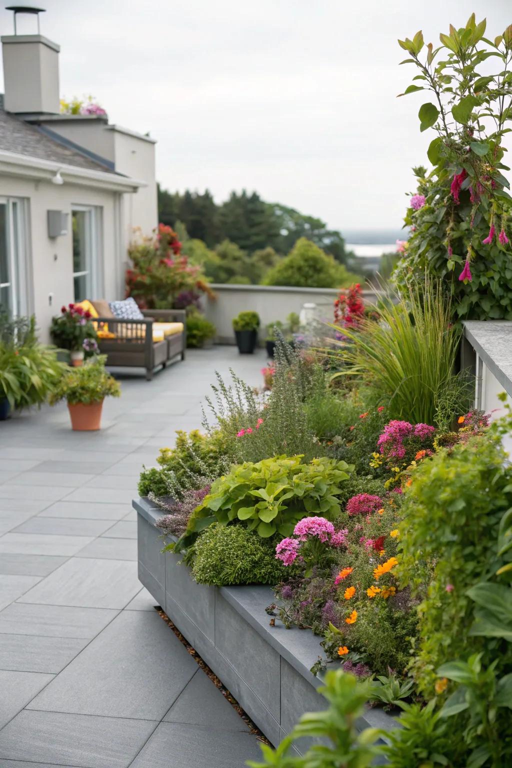 Lush greenery and colorful plants enhance the grey patio.