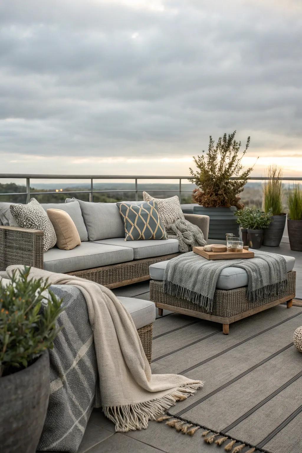 Layered cushions and throws add warmth to the grey patio.