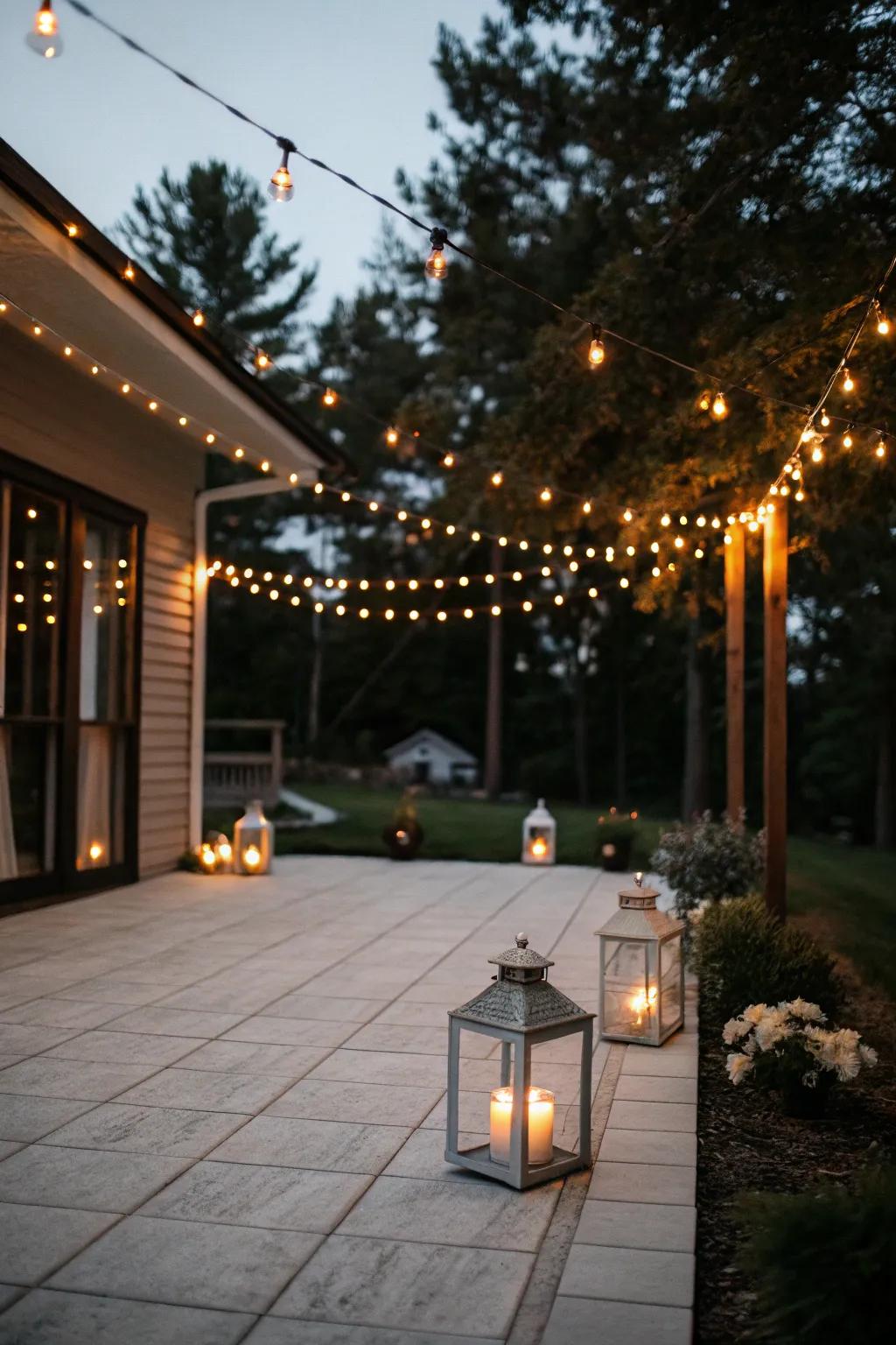 String lights and lanterns cast a warm glow on the grey patio.