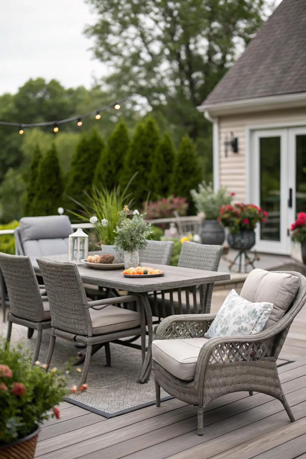A versatile grey patio set up for lounging and dining.