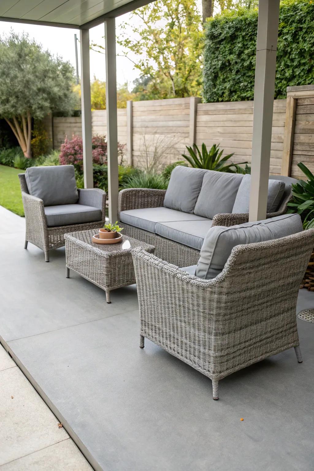 Grey wicker furniture adds style and comfort to the patio.