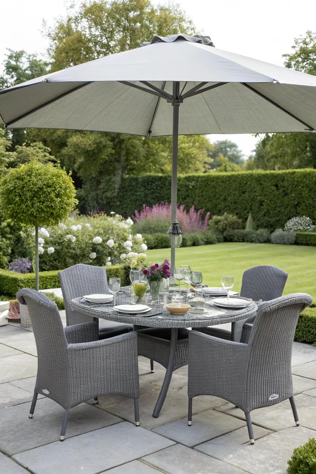 An elegant outdoor dining area set up on the grey patio.
