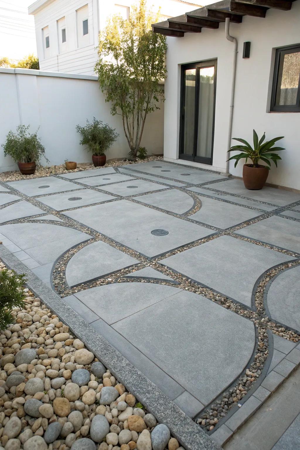 Decorative gravel creates sharp architectural lines on the grey patio.
