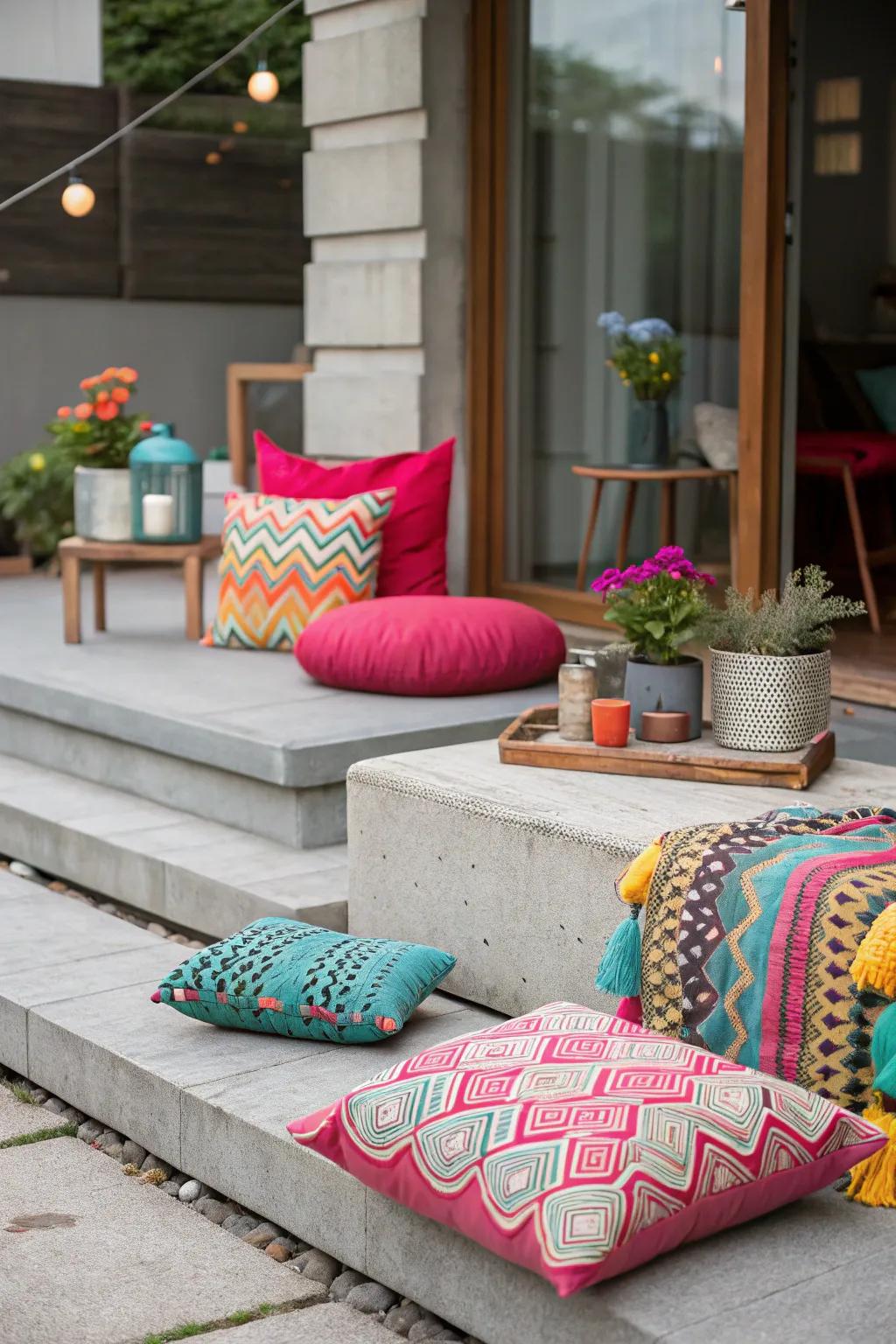 Bold colorful cushions and decor add vibrancy to the grey patio.