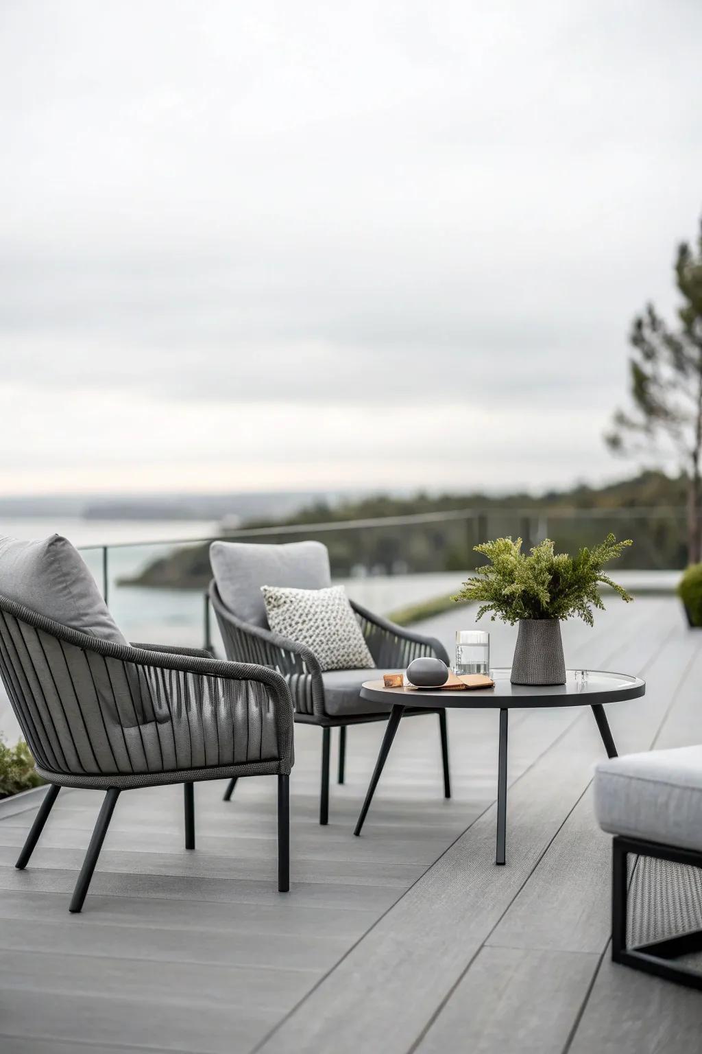 A minimalist grey patio features sleek furniture and simple decor.