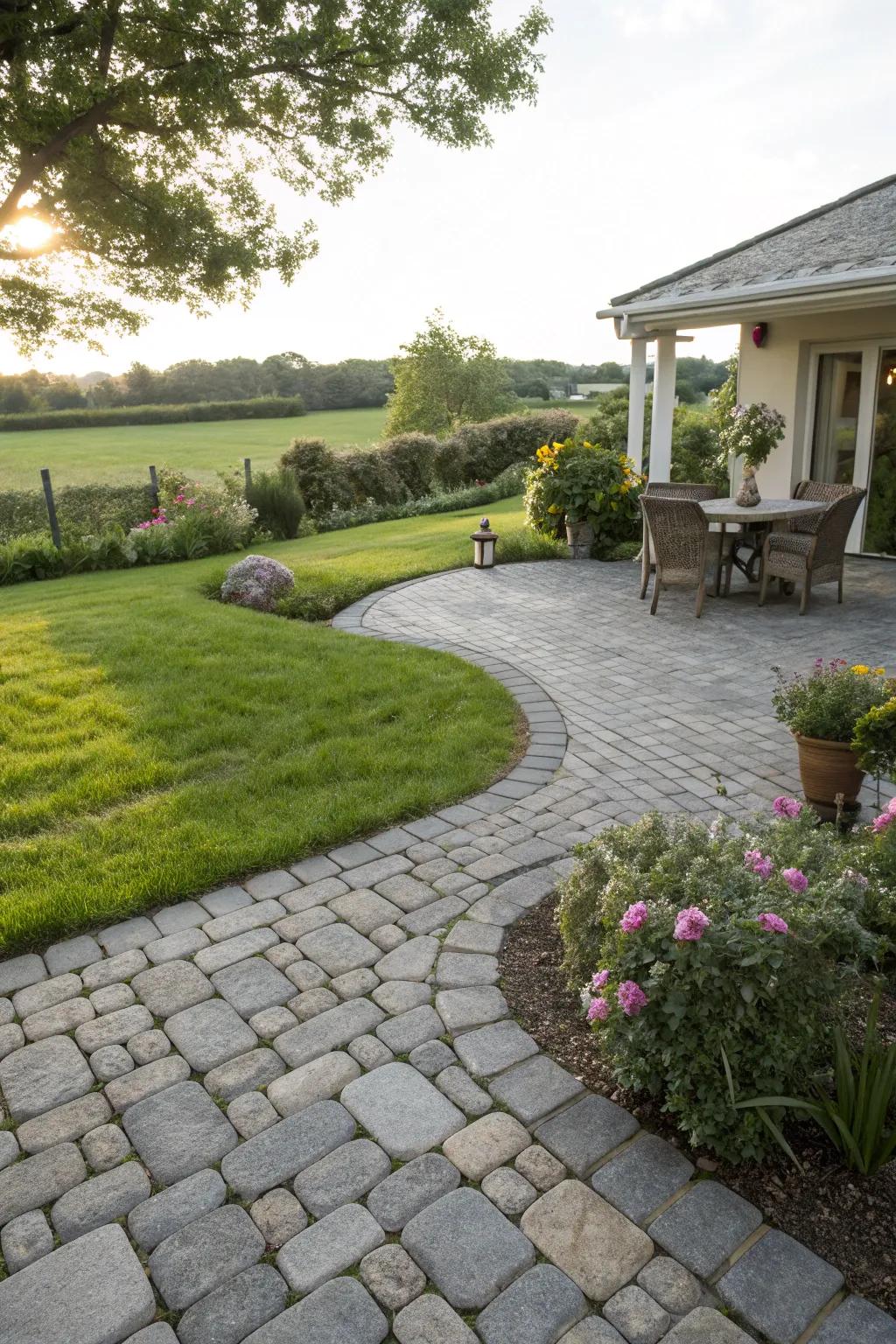 Cobblestones and lush grass add country charm to the grey patio.