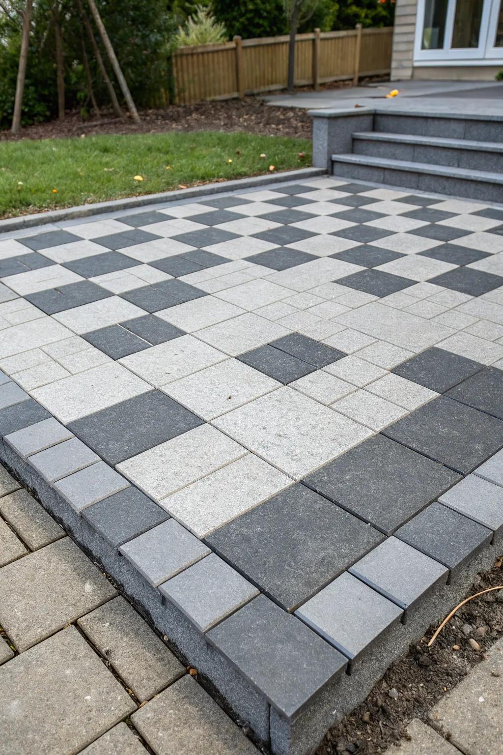 A checkerboard pattern in grey and black makes a bold statement on the patio.