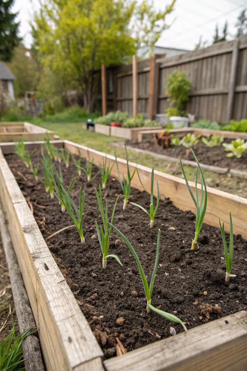 Garlic plants emerging in a raised bed.