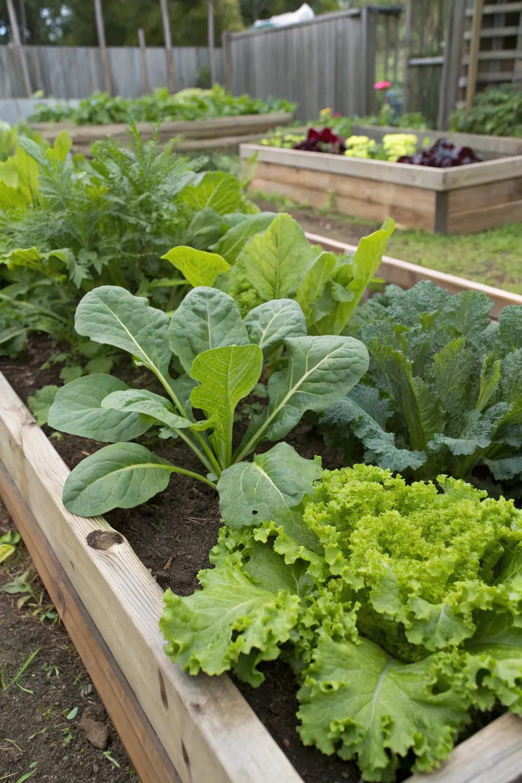 A raised bed brimming with leafy greens.