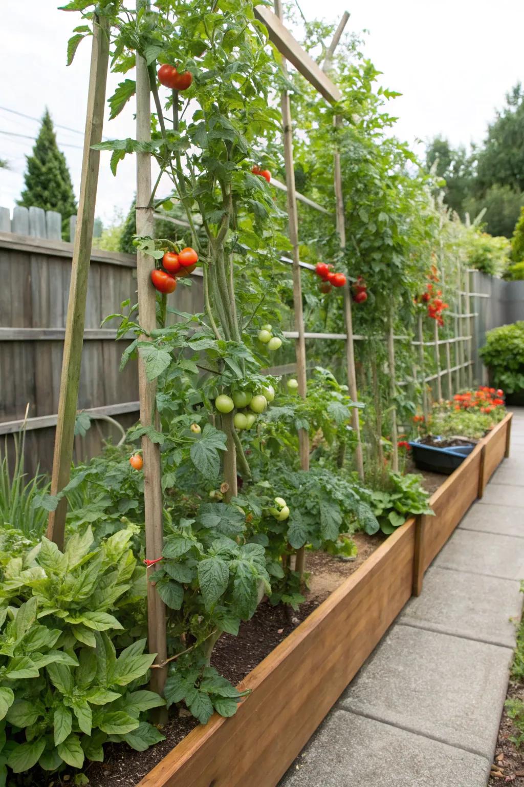 Tomato plants climbing in a raised bed.