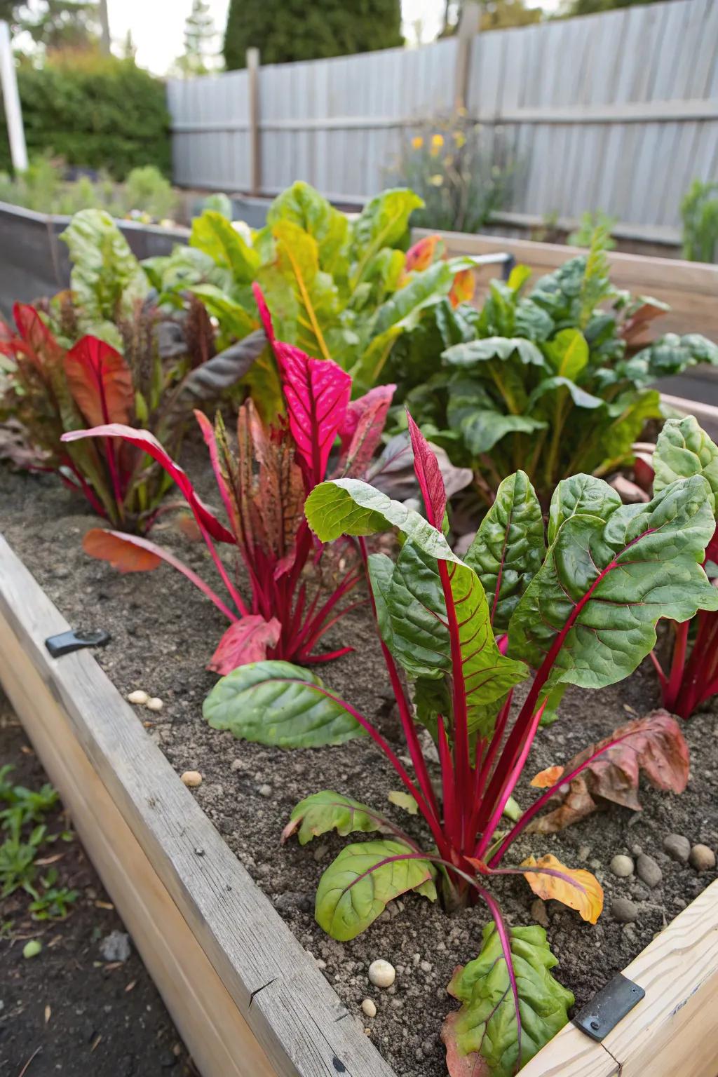 Vibrant Swiss chard in a raised bed.