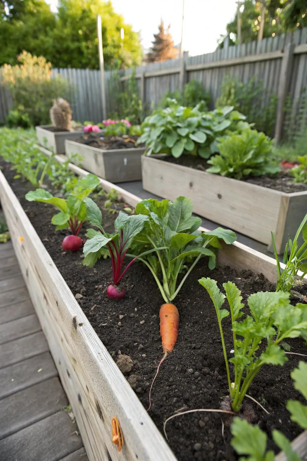 A raised bed dedicated to root vegetables.