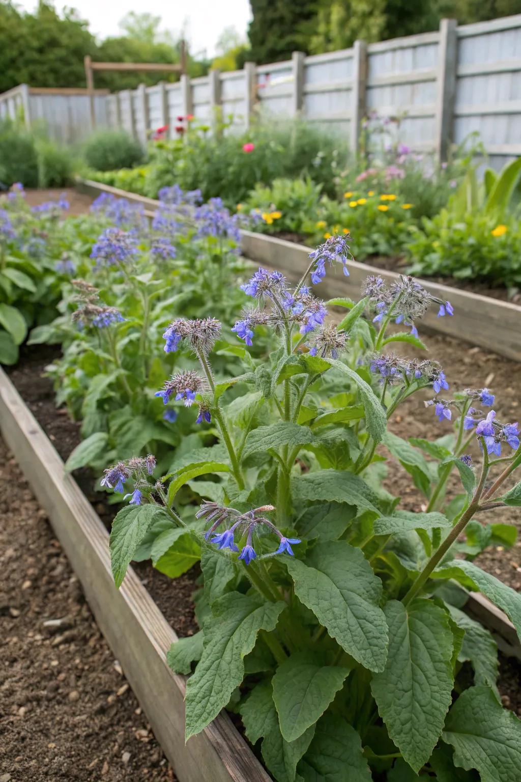 Borage plants adding beauty and utility to a raised bed.