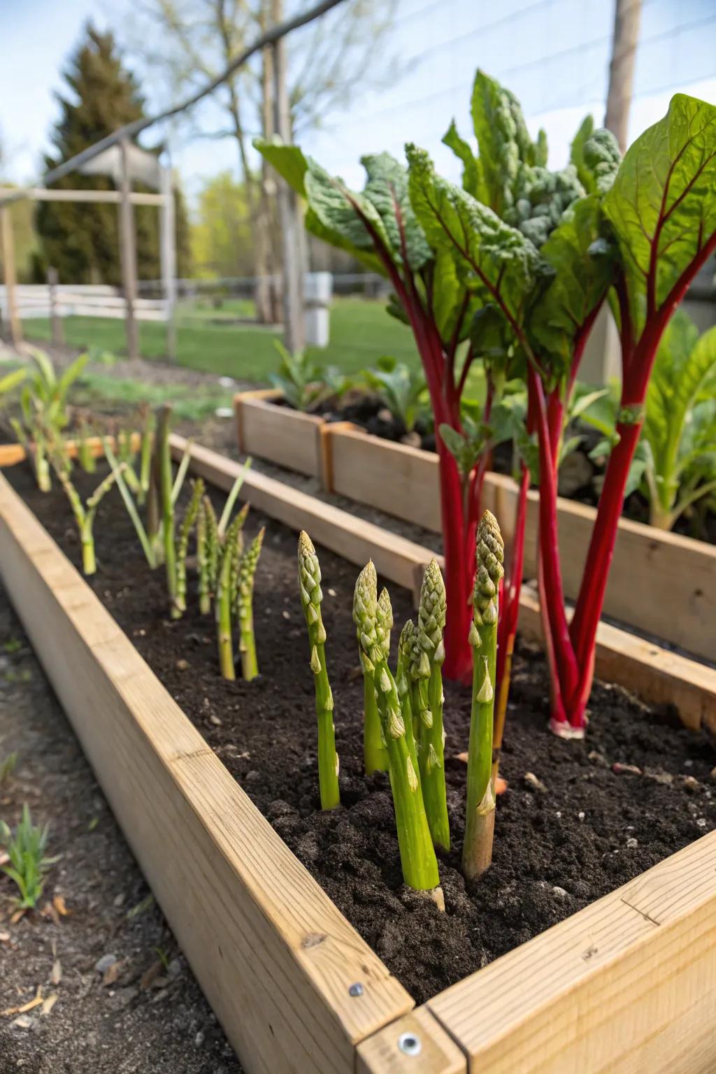 Perennial asparagus and rhubarb in a raised bed.