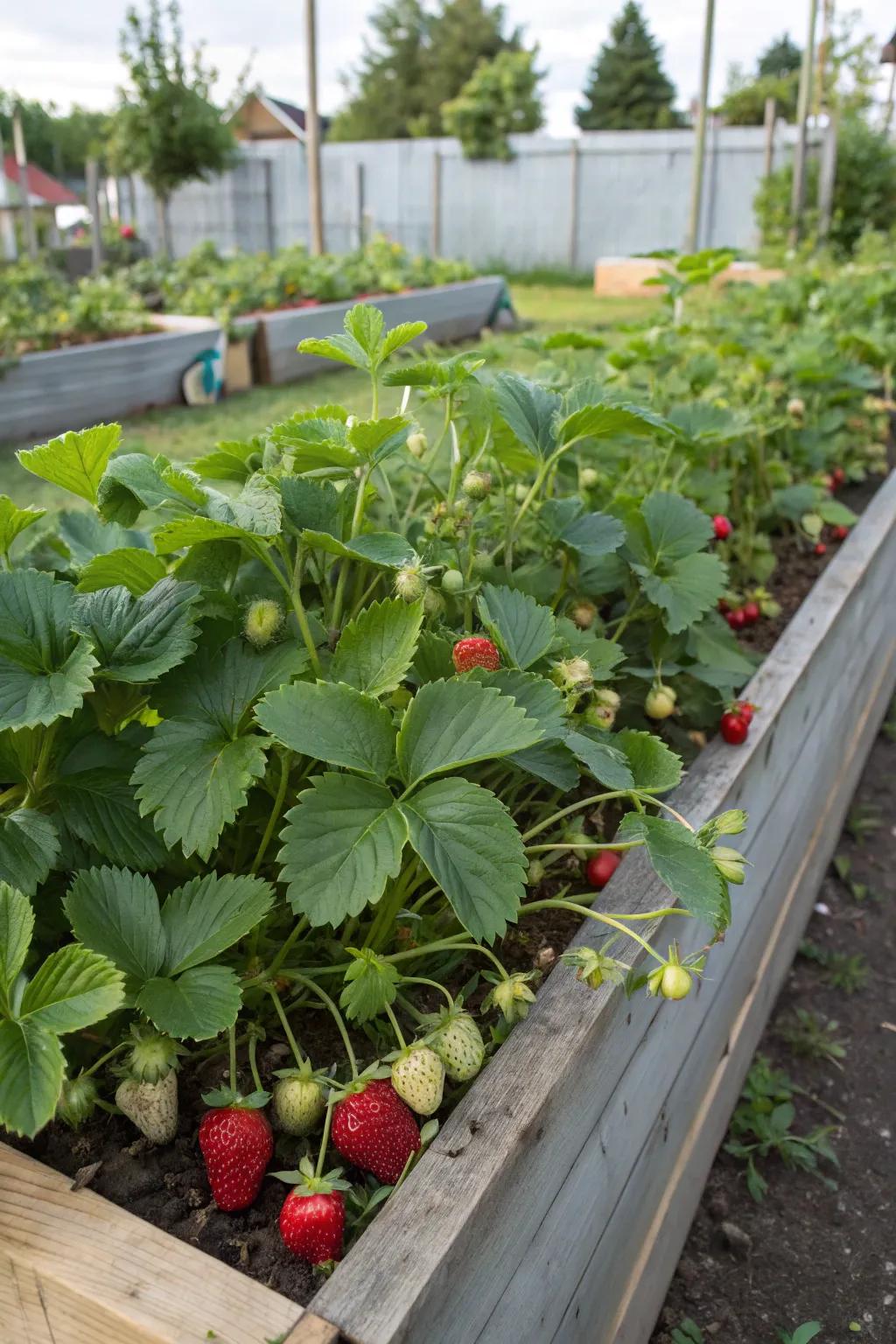 Strawberry plants thriving in a raised bed.
