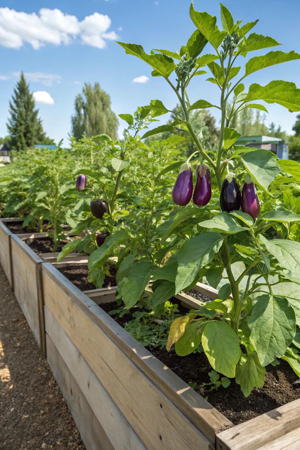 Eggplants growing in a raised bed.