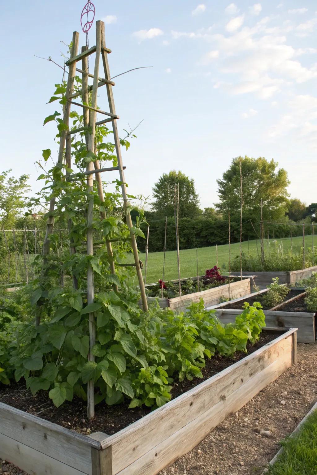 Vertical gardening with beans and peas in a raised bed.