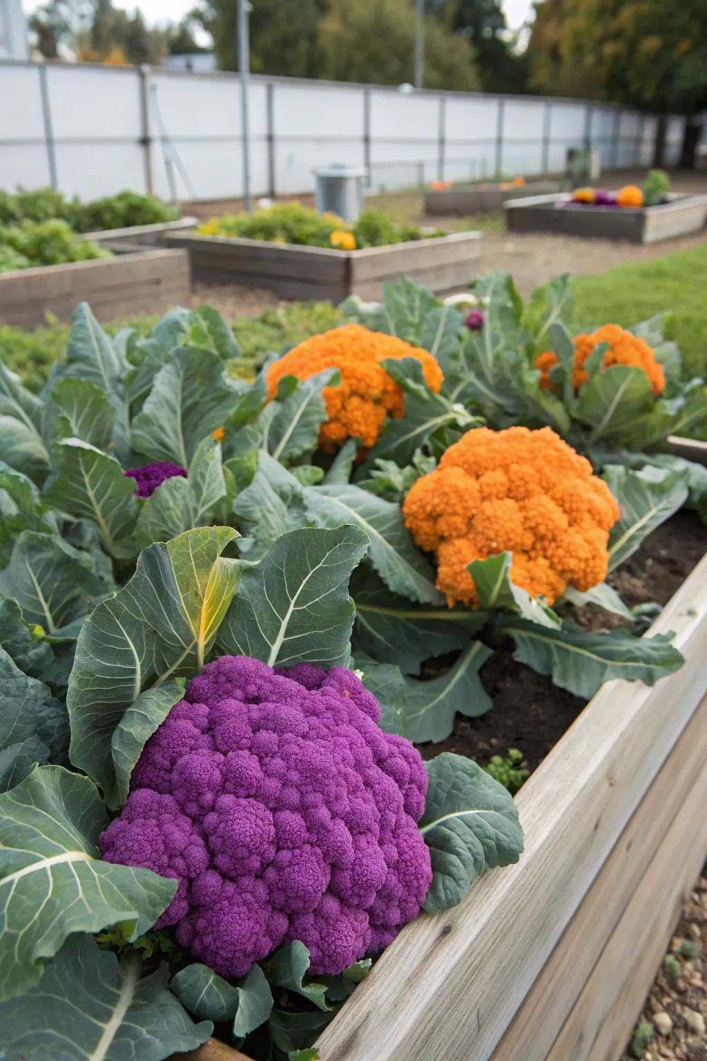 Colorful cauliflower varieties in a raised bed.