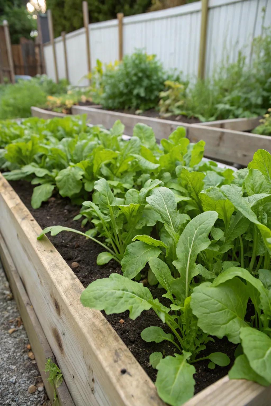 Peppery arugula growing in a raised bed.