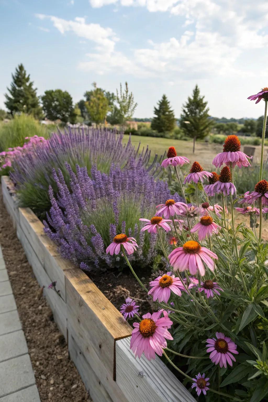 Lavender and echinacea in a raised bed attracting pollinators.