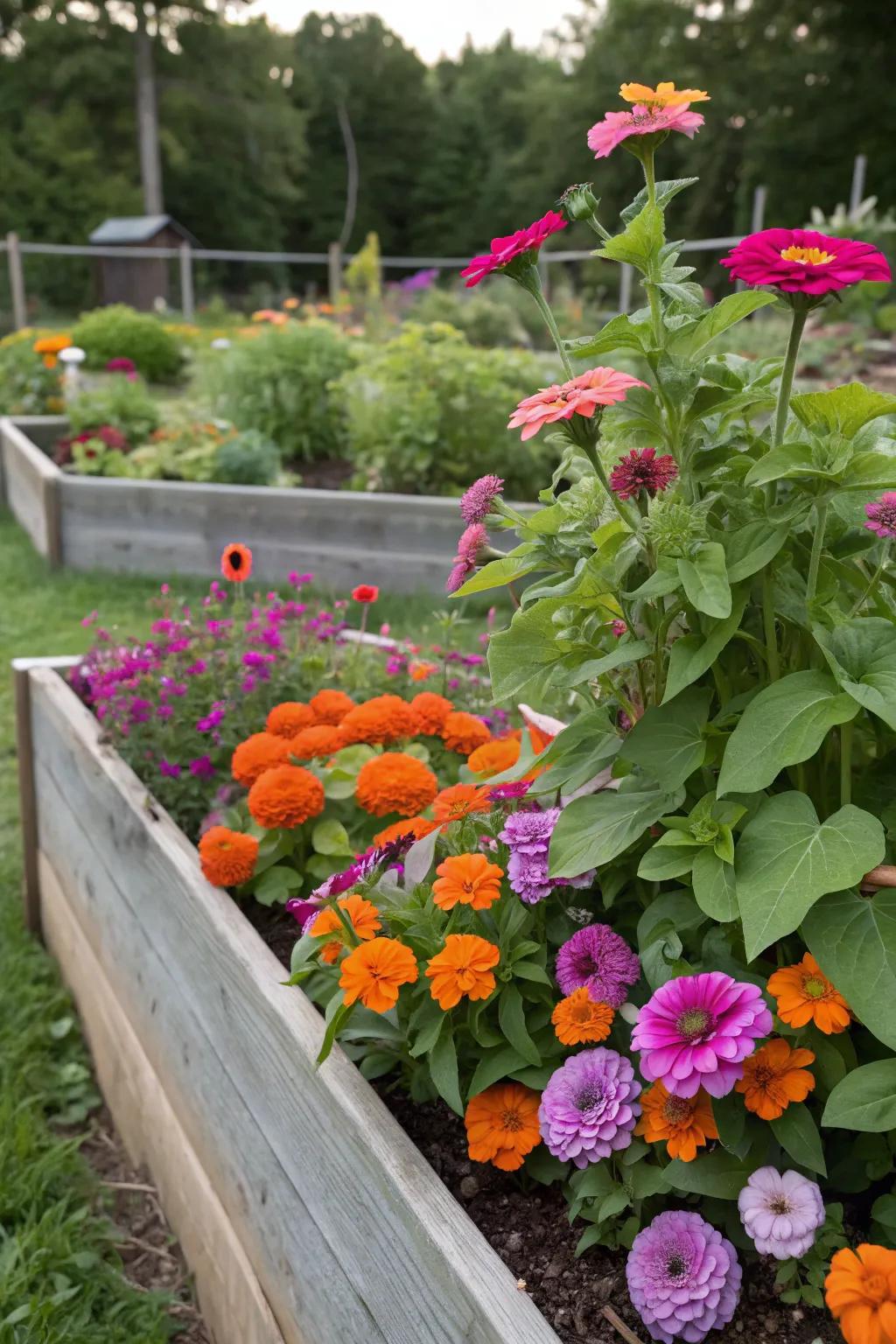 A raised bed bursting with colorful flowers.