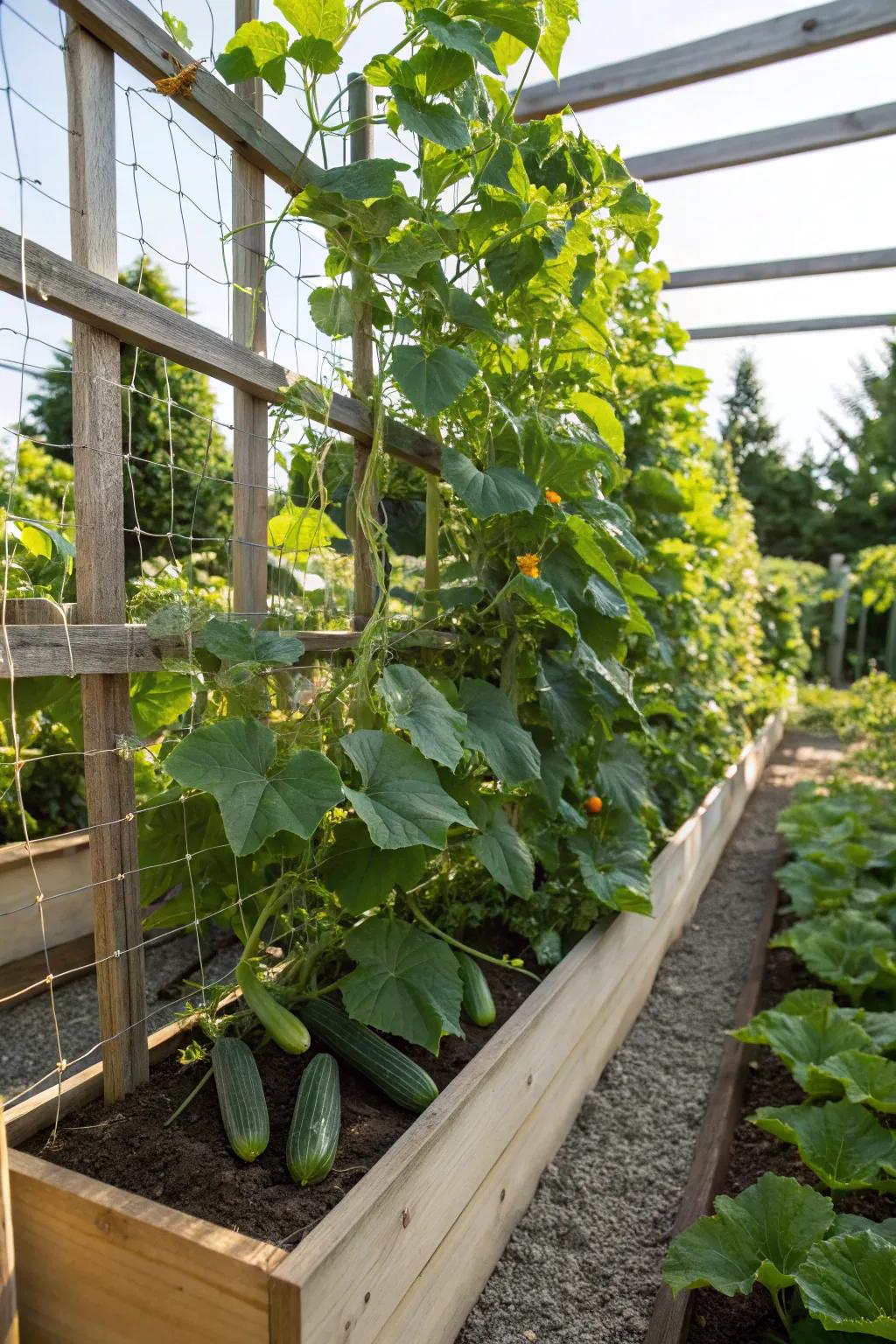 Cucumbers cascading from a raised bed.
