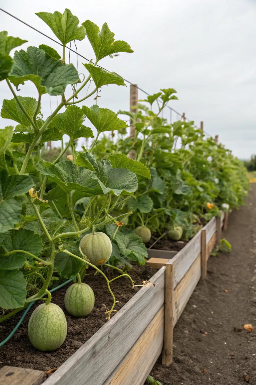 Melon vines spreading over a raised bed.