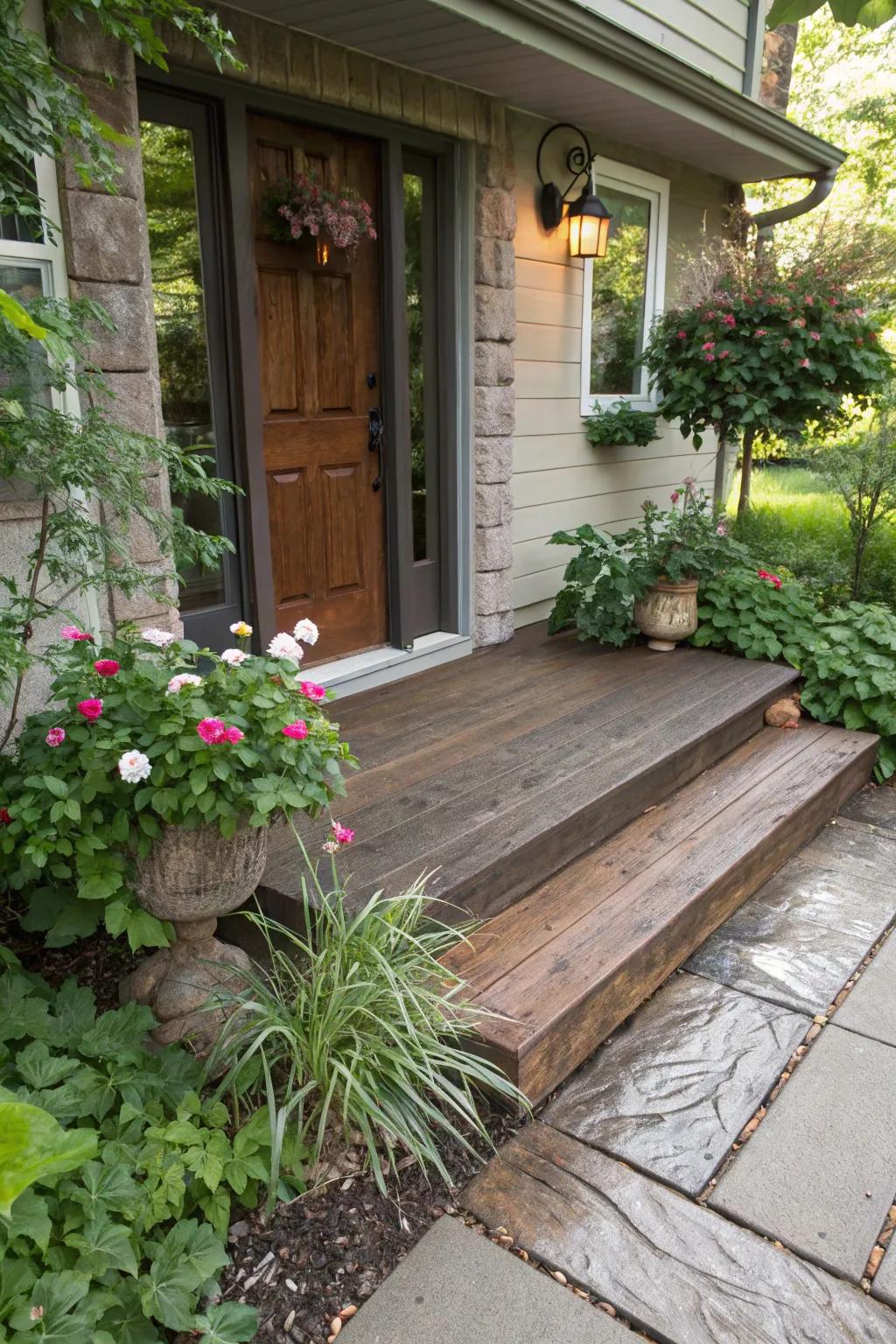 Achieve a rustic wood look with durable concrete overlays.