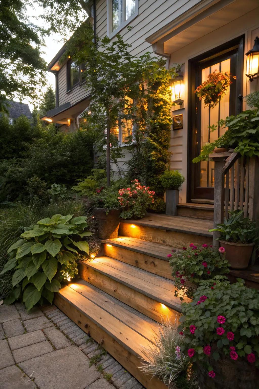 Create a warm welcome with classic wooden steps.
