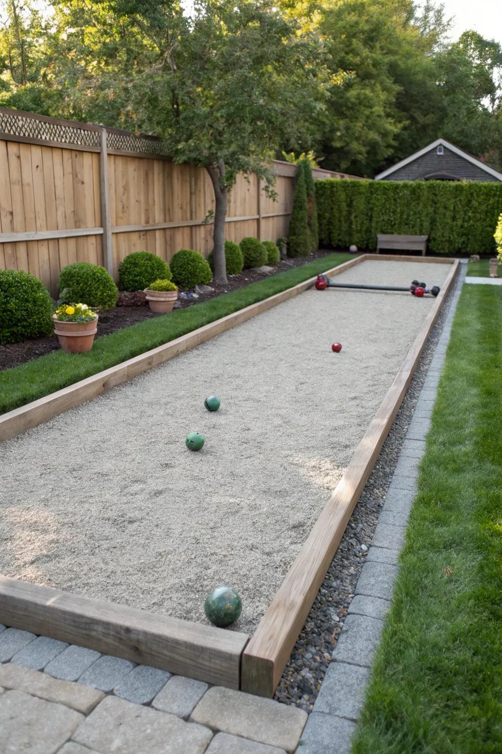 Enjoy outdoor games with a crushed stone bocce ball court.