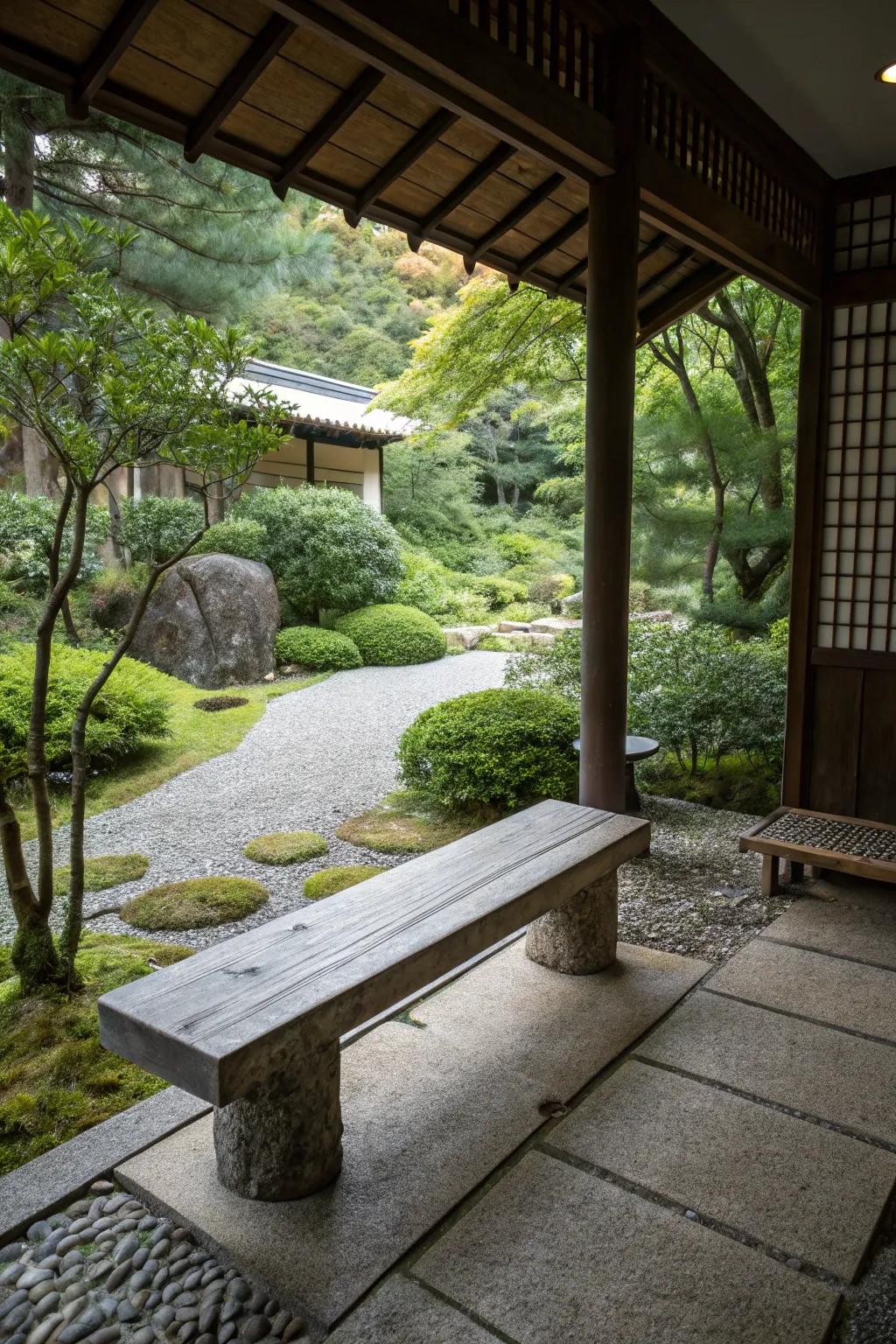 Find tranquility in a meditation spot set on crushed stone.