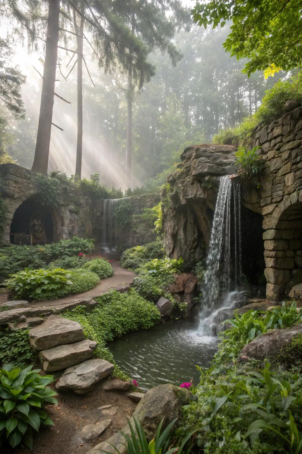 A natural stone waterfall creates a soothing ambiance in this outdoor grotto.