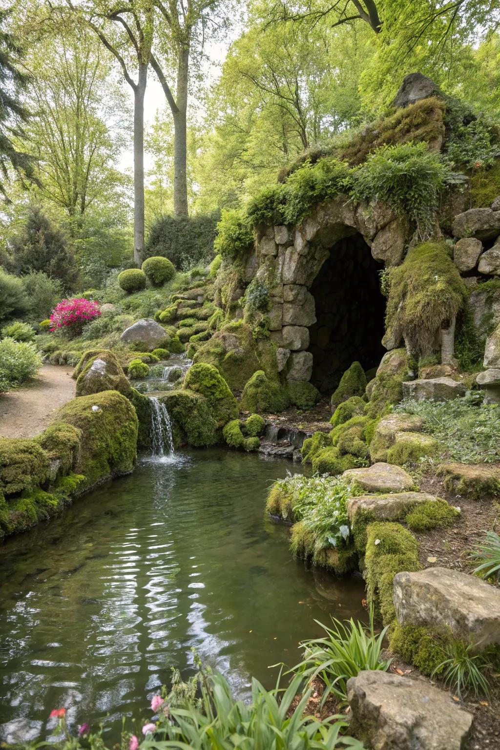 A serene pond reflects the lush greenery in this peaceful grotto.