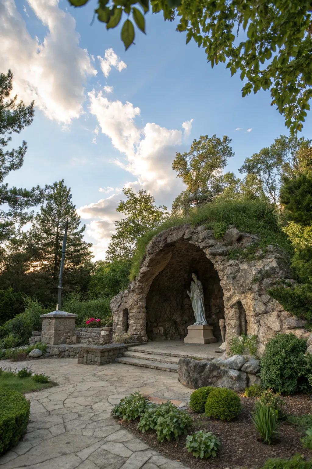 An abstract sculpture adds an artistic flair to the grotto.