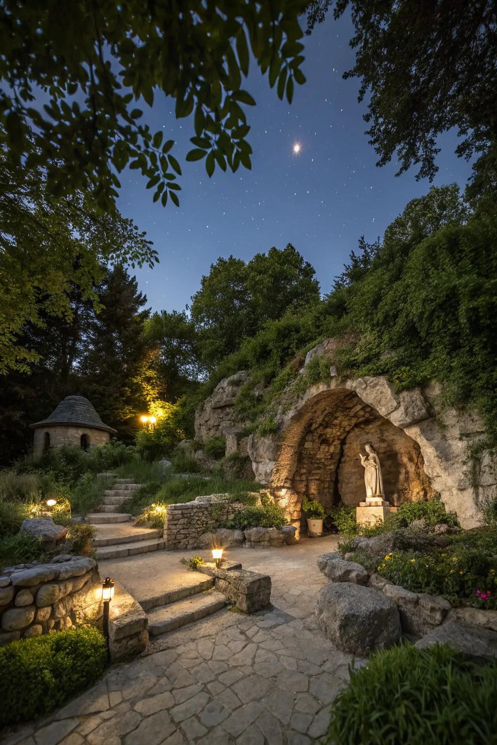Soft lighting enhances the magical atmosphere of this nighttime grotto.