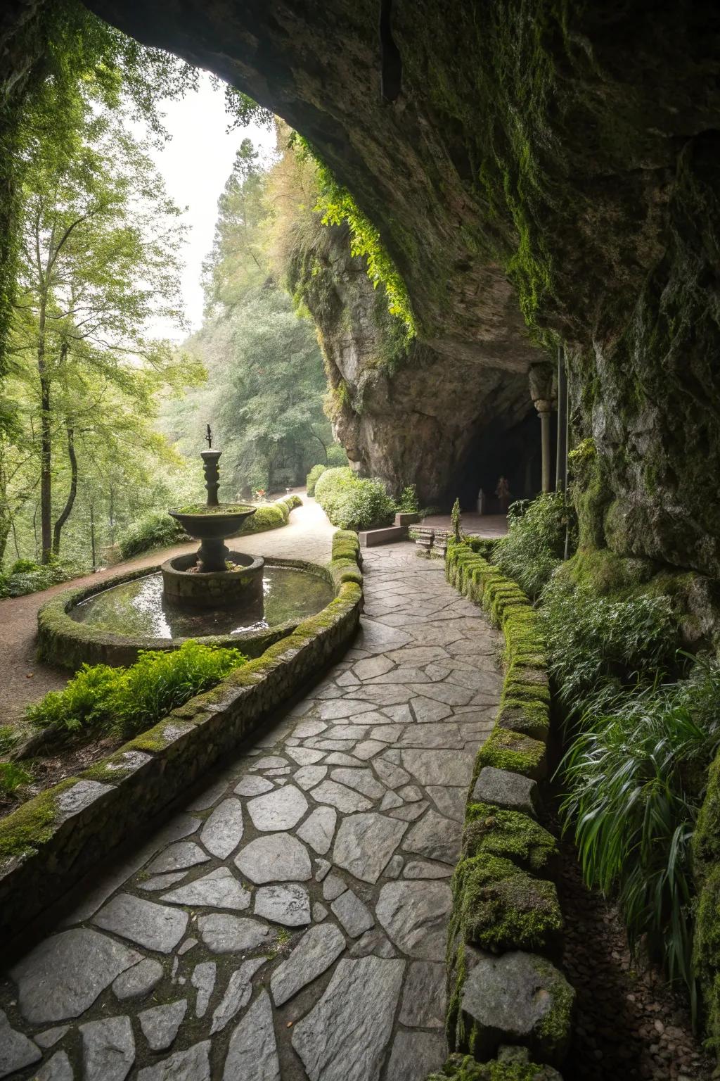 A stone pathway meanders invitingly through the grotto's landscape.