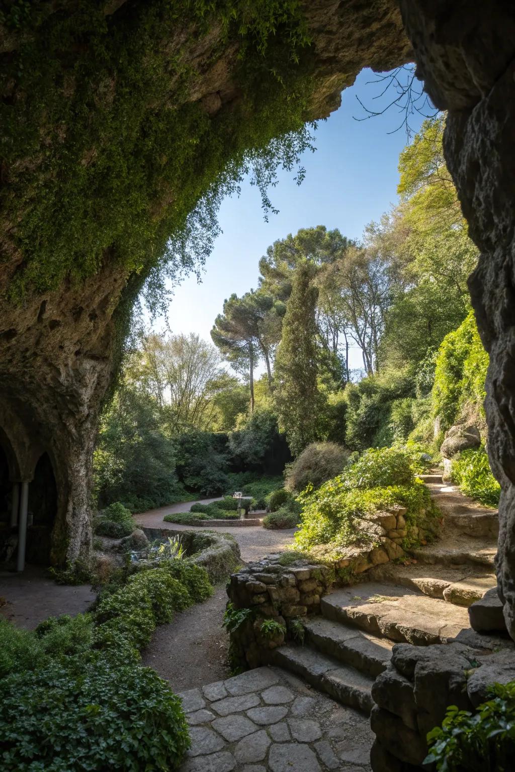 A secluded nook offers a peaceful retreat within the grotto.