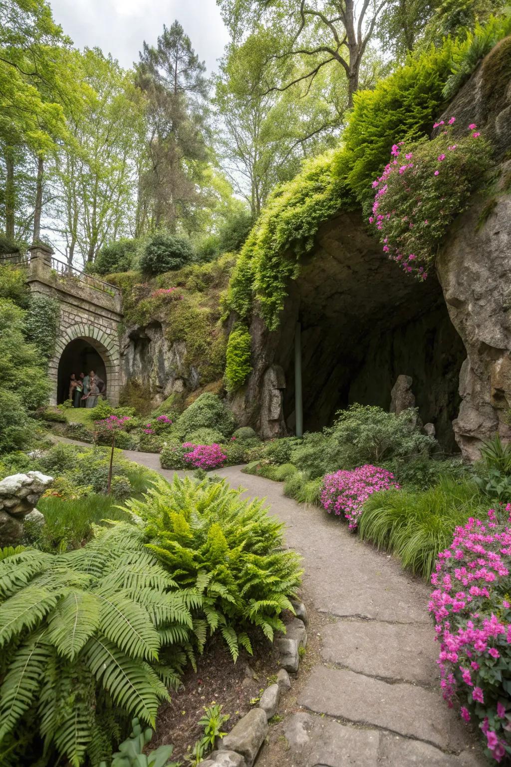 Abundant vegetation envelops this grotto in vibrant greenery.